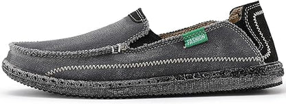 VILOCY Men's Slip on Deck Shoes Zero Drop Casual Canvas Loafer Vintage Flat Boat Shoes- Grey