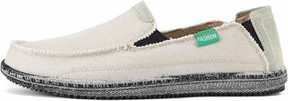 VILOCY Men's Slip on Deck Shoes Zero Drop Casual Canvas Loafer Vintage Flat Boat Shoes- Beige White