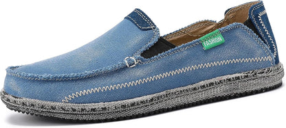 VILOCY Men's Slip on Deck Shoes Zero Drop Casual Canvas Loafer Vintage Flat Boat Shoes- Sky Blue