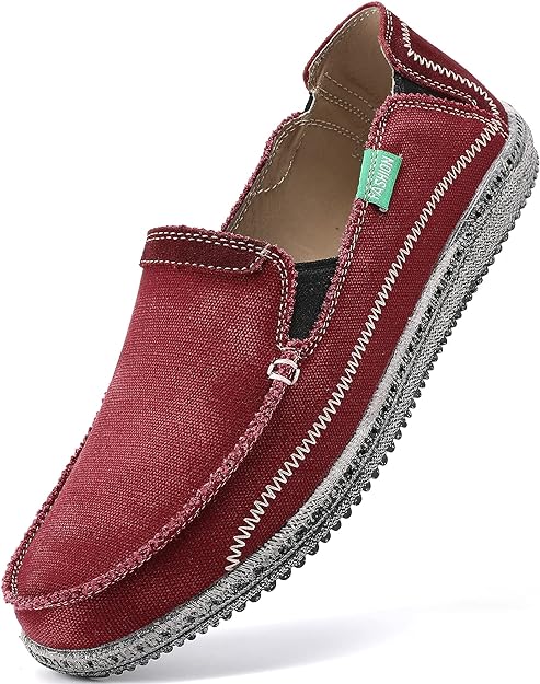 VILOCY Men's Slip on Deck Shoes Zero Drop Casual Canvas Loafer Vintage Flat Boat Shoes- Wine Red