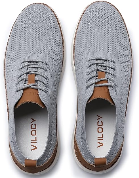 VILOCY Men's Casual Dress Sneakers Oxfords Business Mesh Breathable Walking Shoes Tennis Comfortable- Light Grey