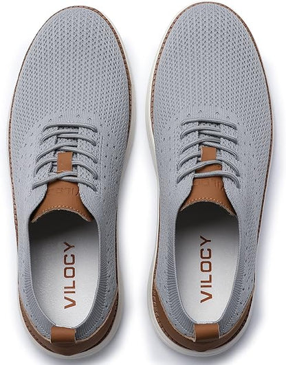 VILOCY Men's Casual Dress Sneakers Oxfords Business Mesh Breathable Walking Shoes Tennis Comfortable- Light Grey