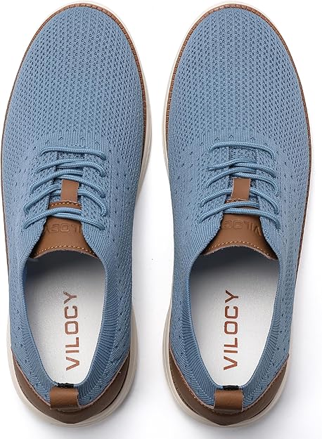 VILOCY Men's Casual Dress Sneakers Oxfords Business Mesh Breathable Walking Shoes Tennis Comfortable- Light Blue