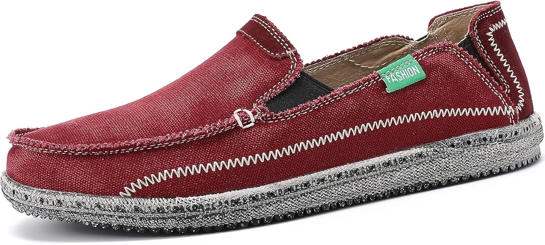 VILOCY Men's Slip on Deck Shoes Zero Drop Casual Canvas Loafer Vintage Flat Boat Shoes- Wine Red