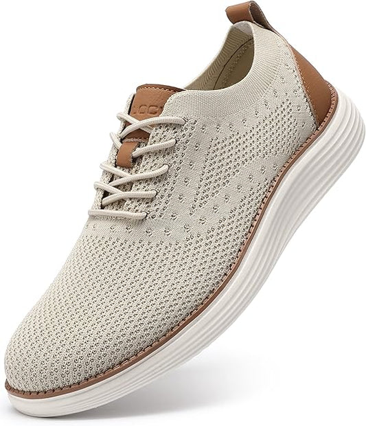 VILOCY Men's Casual Dress Sneakers Oxfords Business Mesh Breathable Walking Shoes Tennis Comfortable- Beige