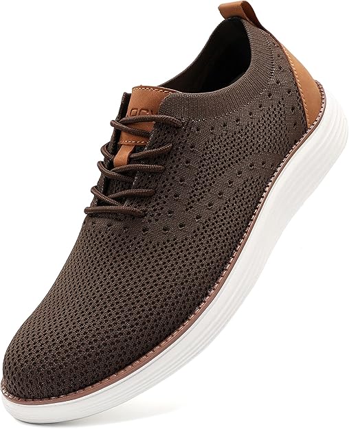 VILOCY Men's Casual Dress Sneakers Oxfords Business Mesh Breathable Walking Shoes Tennis Comfortable- Brown