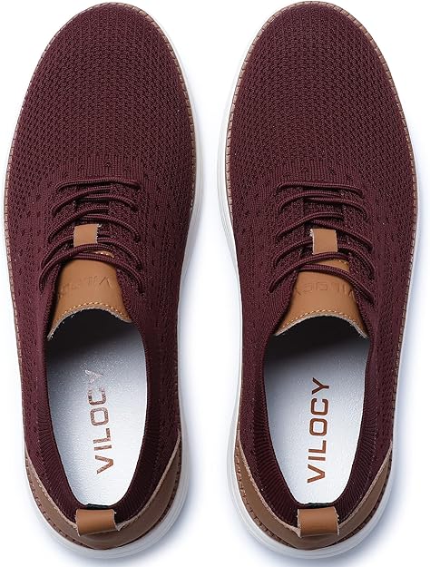 VILOCY Men's Casual Dress Sneakers Oxfords Business Mesh Breathable Walking Shoes Tennis Comfortable- Wine Red