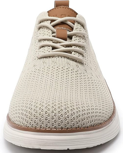 VILOCY Men's Casual Dress Sneakers Oxfords Business Mesh Breathable Walking Shoes Tennis Comfortable- Beige