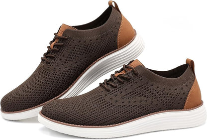 VILOCY Men's Casual Dress Sneakers Oxfords Business Mesh Breathable Walking Shoes Tennis Comfortable- Brown