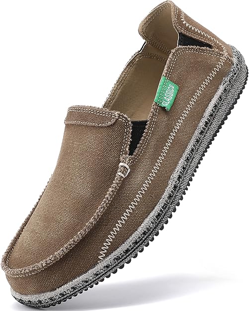 VILOCY Men's Slip on Deck Shoes Zero Drop Casual Canvas Loafer Vintage Flat Boat Shoes- Brown