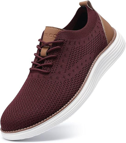 VILOCY Men's Casual Dress Sneakers Oxfords Business Mesh Breathable Walking Shoes Tennis Comfortable- Wine Red