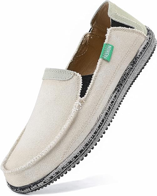 VILOCY Men's Slip on Deck Shoes Zero Drop Casual Canvas Loafer Vintage Flat Boat Shoes- Beige White